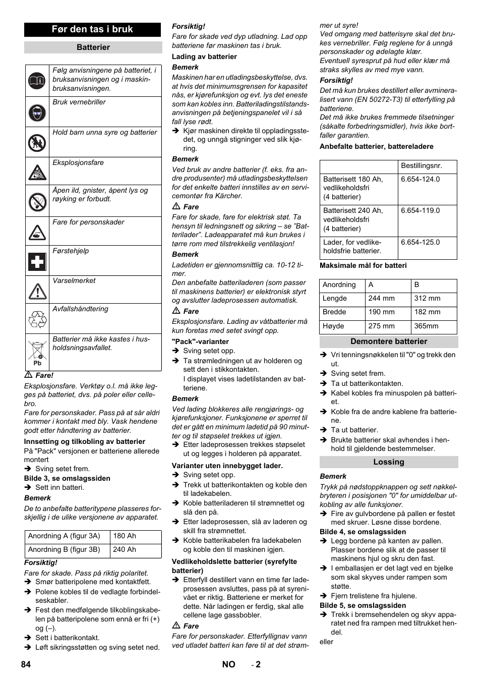 Før den tas i bruk | Karcher B 90 R Adv DOSE Bp Pack User Manual | Page 84 / 272