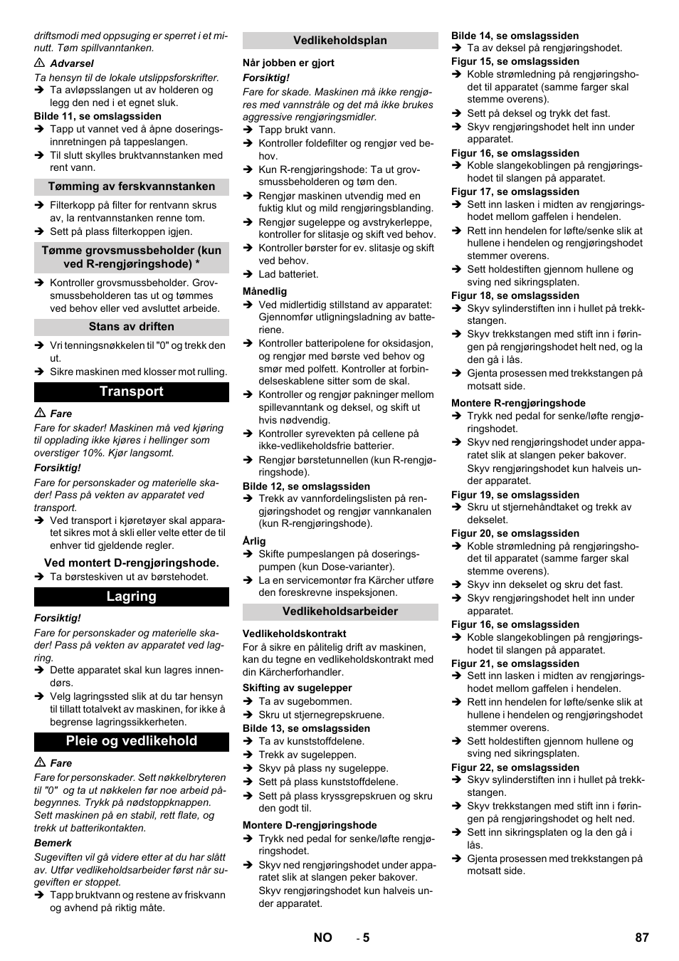 Transport, Lagring pleie og vedlikehold | Karcher B 90 R Adv DOSE Bp Pack User Manual | Page 87 / 272
