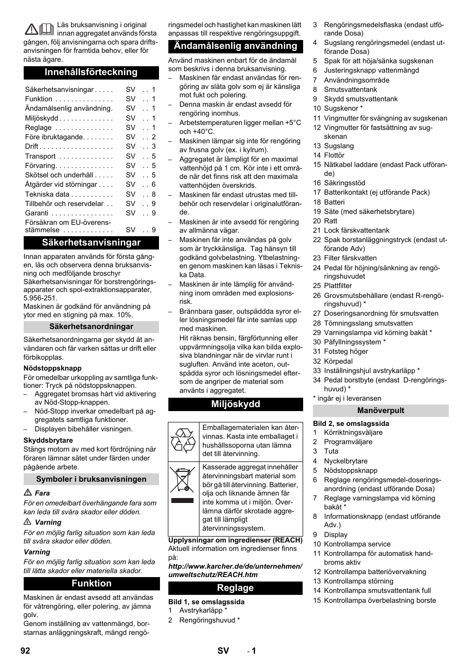 Svenska, Innehållsförteckning, Säkerhetsanvisningar | Funktion ändamålsenlig användning miljöskydd, Reglage | Karcher B 90 R Adv DOSE Bp Pack User Manual | Page 92 / 272
