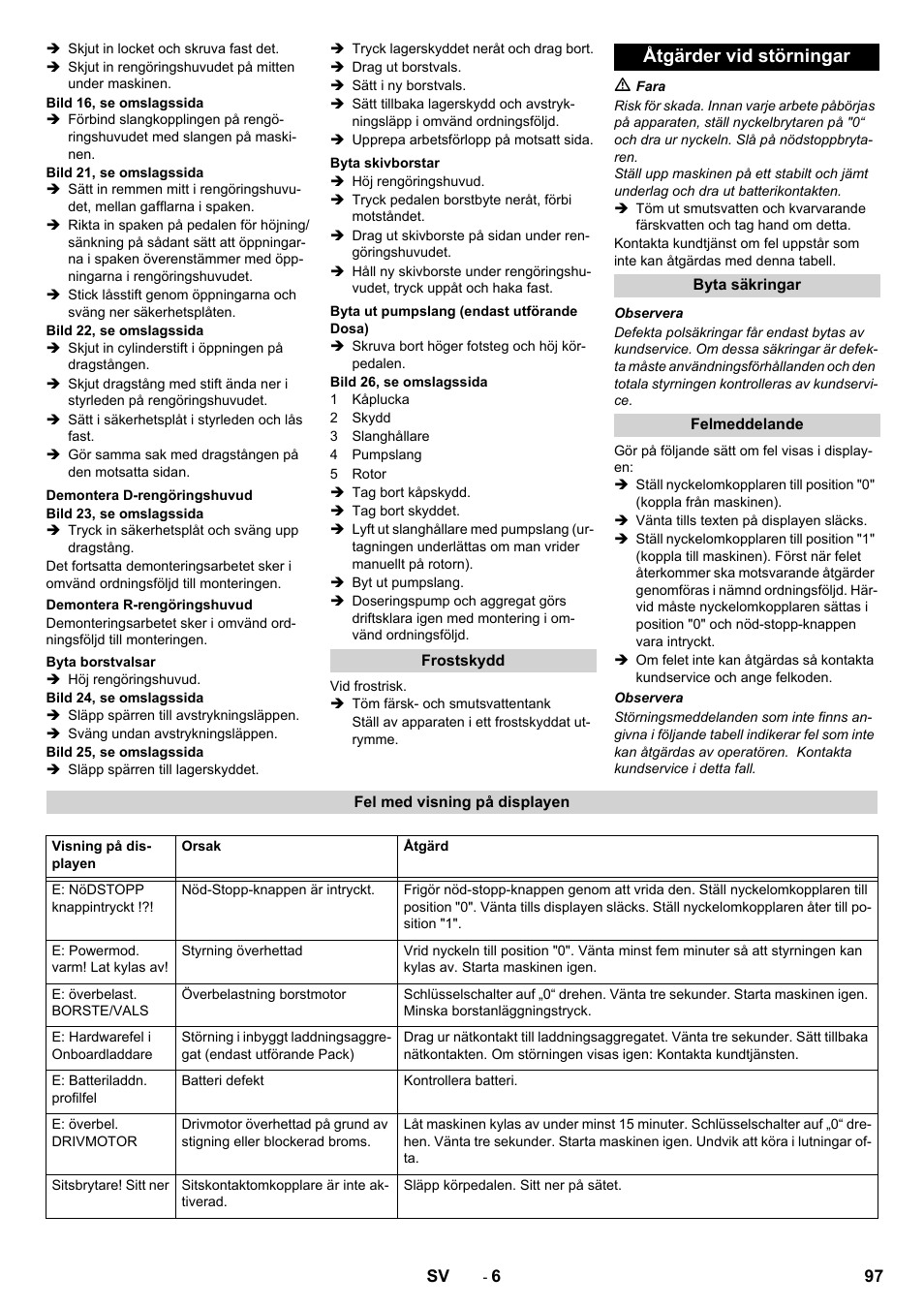 Åtgärder vid störningar | Karcher B 90 R Adv DOSE Bp Pack User Manual | Page 97 / 272