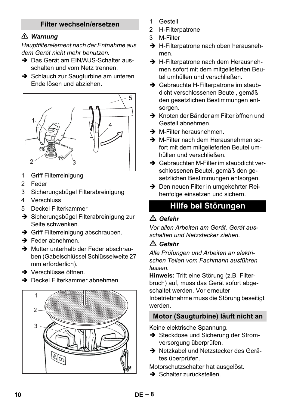 Filter wechseln/ersetzen, Hilfe bei störungen, Motor (saugturbine) läuft nicht an | Karcher IV 100-55 H B1 User Manual | Page 10 / 308