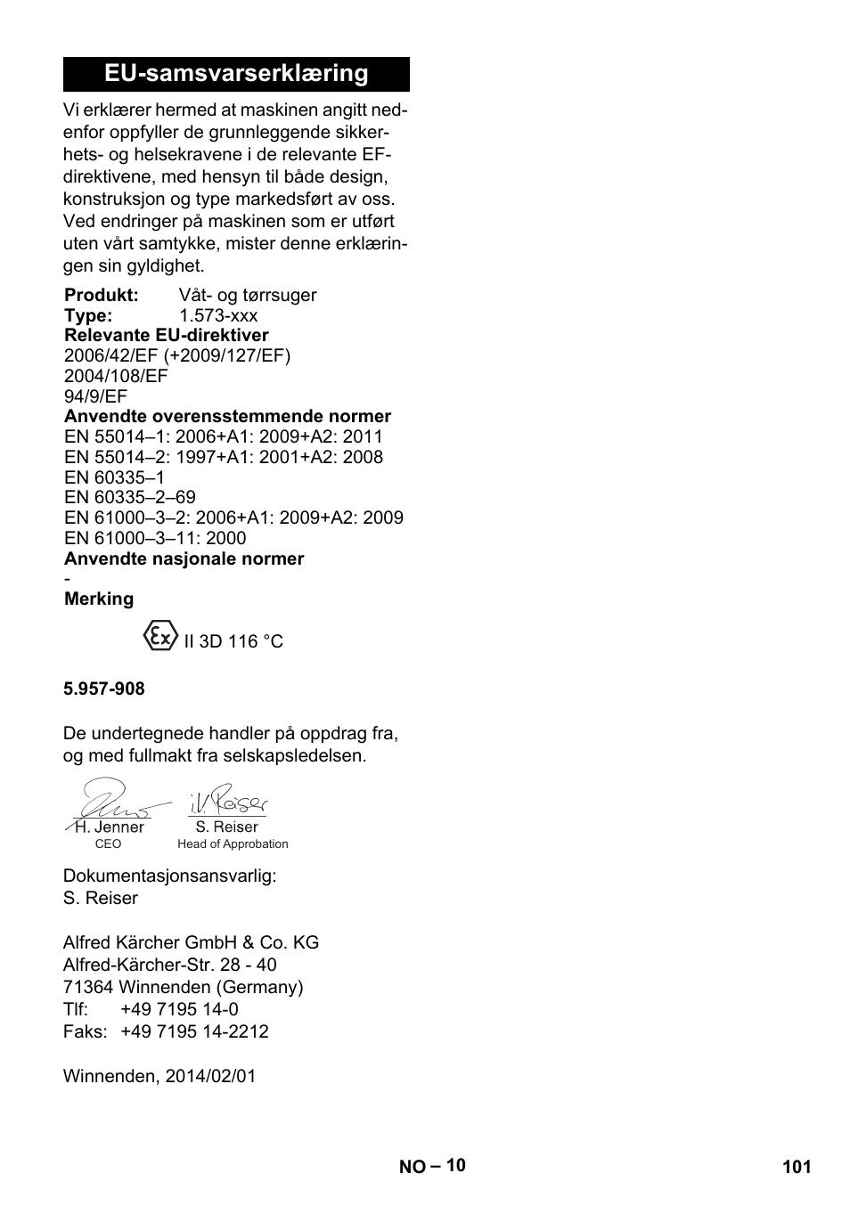 Eu-samsvarserklæring | Karcher IV 100-55 H B1 User Manual | Page 101 / 308