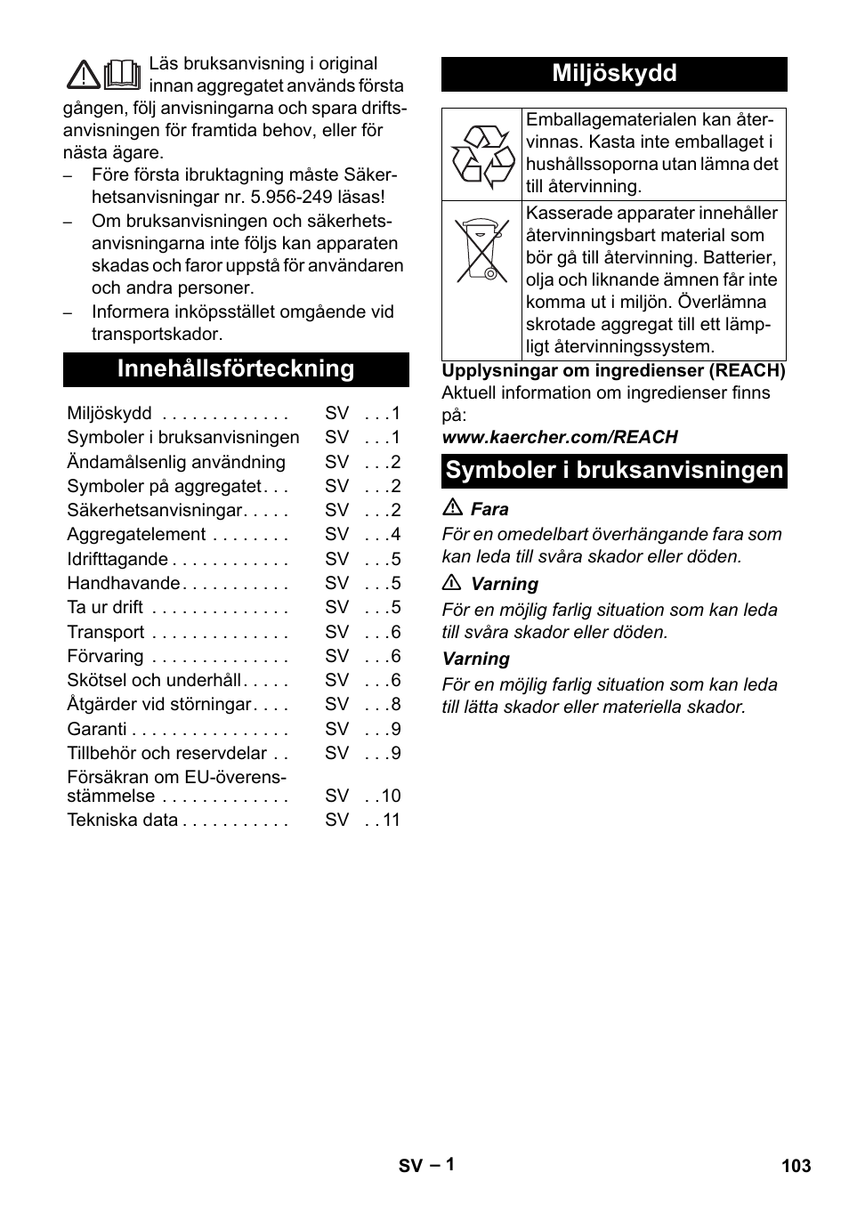 Svenska, Innehållsförteckning, Miljöskydd | Symboler i bruksanvisningen | Karcher IV 100-55 H B1 User Manual | Page 103 / 308