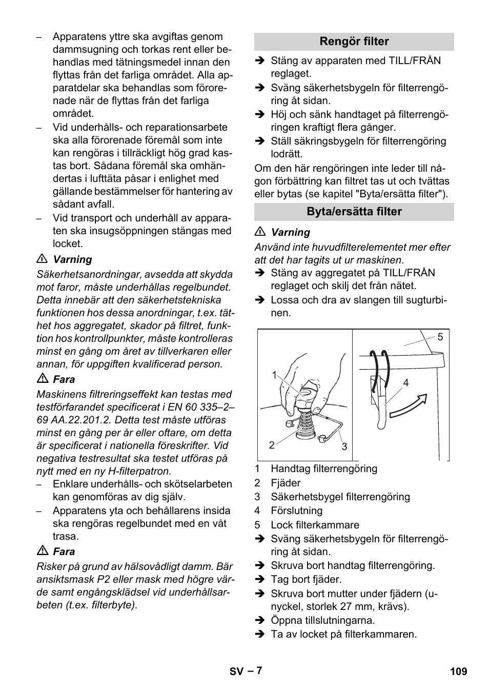 Rengör filter, Byta/ersätta filter | Karcher IV 100-55 H B1 User Manual | Page 109 / 308