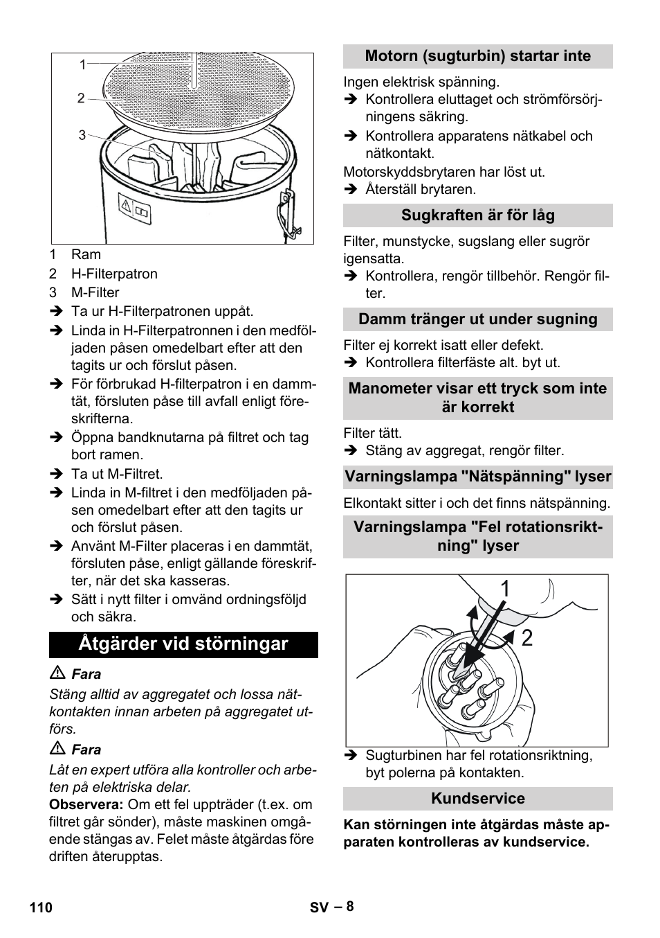 Åtgärder vid störningar, Motorn (sugturbin) startar inte, Sugkraften är för låg | Damm tränger ut under sugning, Manometer visar ett tryck som inte är korrekt, Varningslampa "nätspänning" lyser, Varningslampa "fel rotationsriktning" lyser, Kundservice | Karcher IV 100-55 H B1 User Manual | Page 110 / 308
