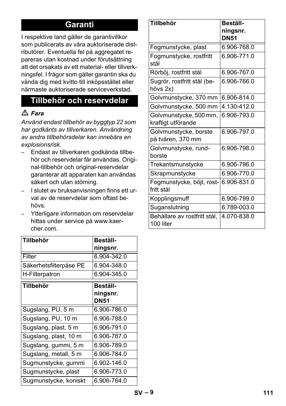 Garanti, Tillbehör och reservdelar, Garanti tillbehör och reservdelar | Karcher IV 100-55 H B1 User Manual | Page 111 / 308