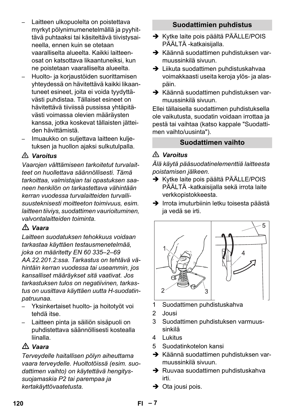 Suodattimien puhdistus, Suodattimen vaihto | Karcher IV 100-55 H B1 User Manual | Page 120 / 308