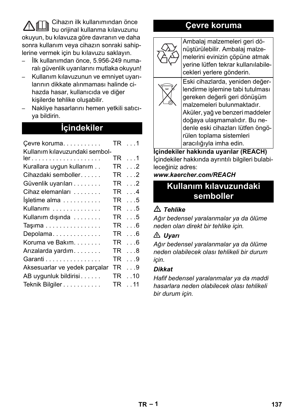 Türkçe, Içindekiler, Çevre koruma | Kullanım kılavuzundaki semboller | Karcher IV 100-55 H B1 User Manual | Page 137 / 308