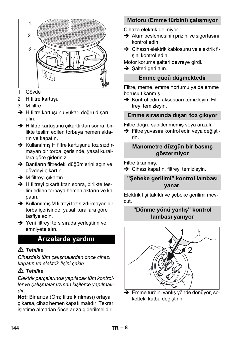 Arızalarda yardım, Motoru (emme türbini) çalışmıyor, Emme gücü düşmektedir | Emme sırasında dışarı toz çıkıyor, Manometre düzgün bir basınç göstermiyor, Şebeke gerilimi" kontrol lambası yanar, Dönme yönü yanlış" kontrol lambası yanıyor | Karcher IV 100-55 H B1 User Manual | Page 144 / 308