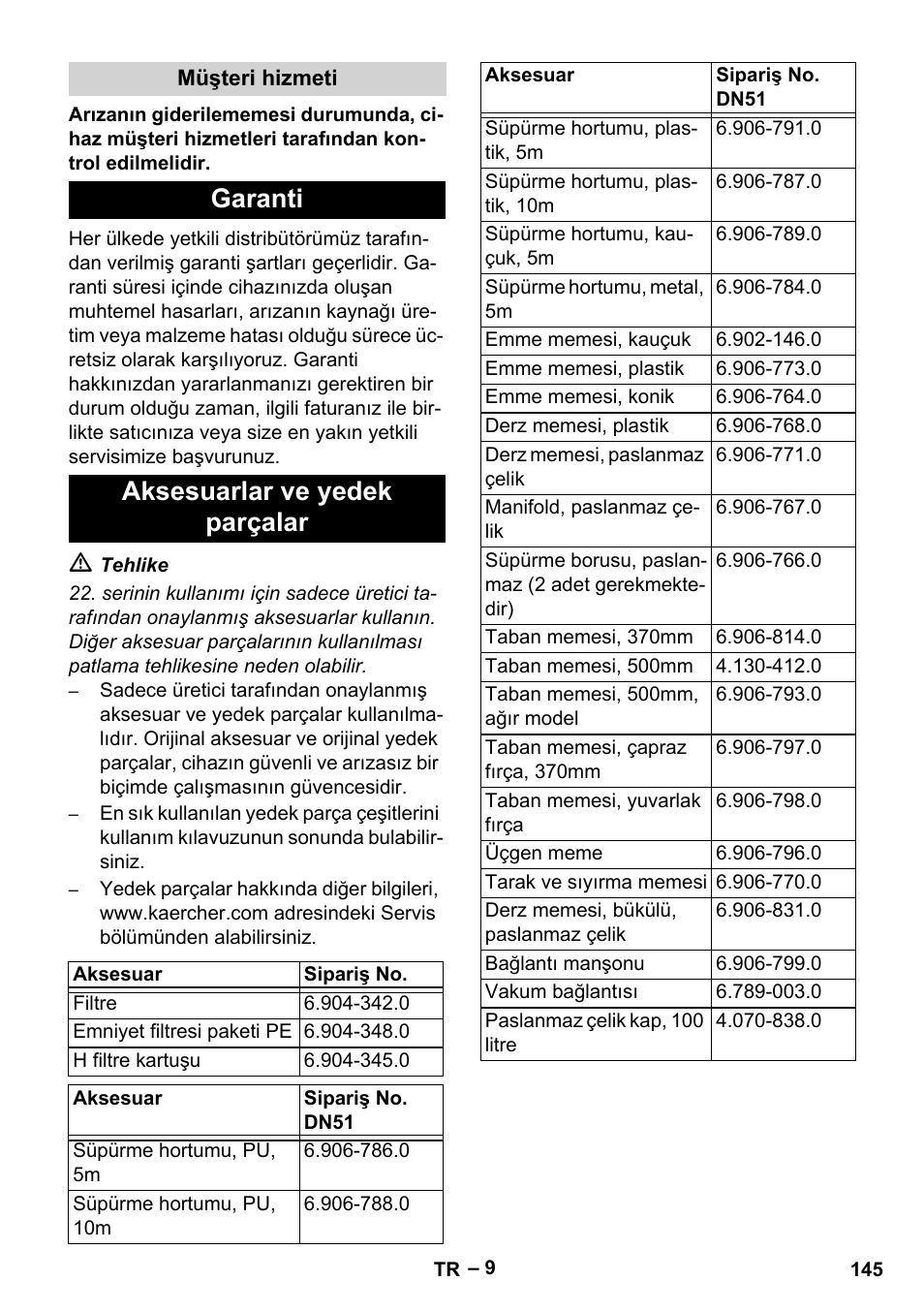 Müşteri hizmeti, Garanti, Aksesuarlar ve yedek parçalar | Garanti aksesuarlar ve yedek parçalar | Karcher IV 100-55 H B1 User Manual | Page 145 / 308