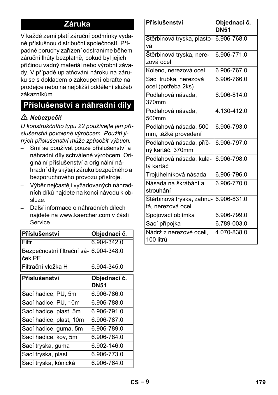 Záruka, Příslušenství a náhradní díly, Záruka příslušenství a náhradní díly | Karcher IV 100-55 H B1 User Manual | Page 179 / 308