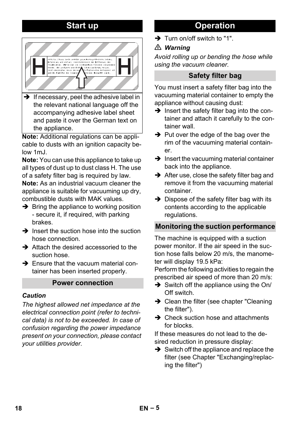 Start up, Power connection, Operation | Safety filter bag, Monitoring the suction performance | Karcher IV 100-55 H B1 User Manual | Page 18 / 308