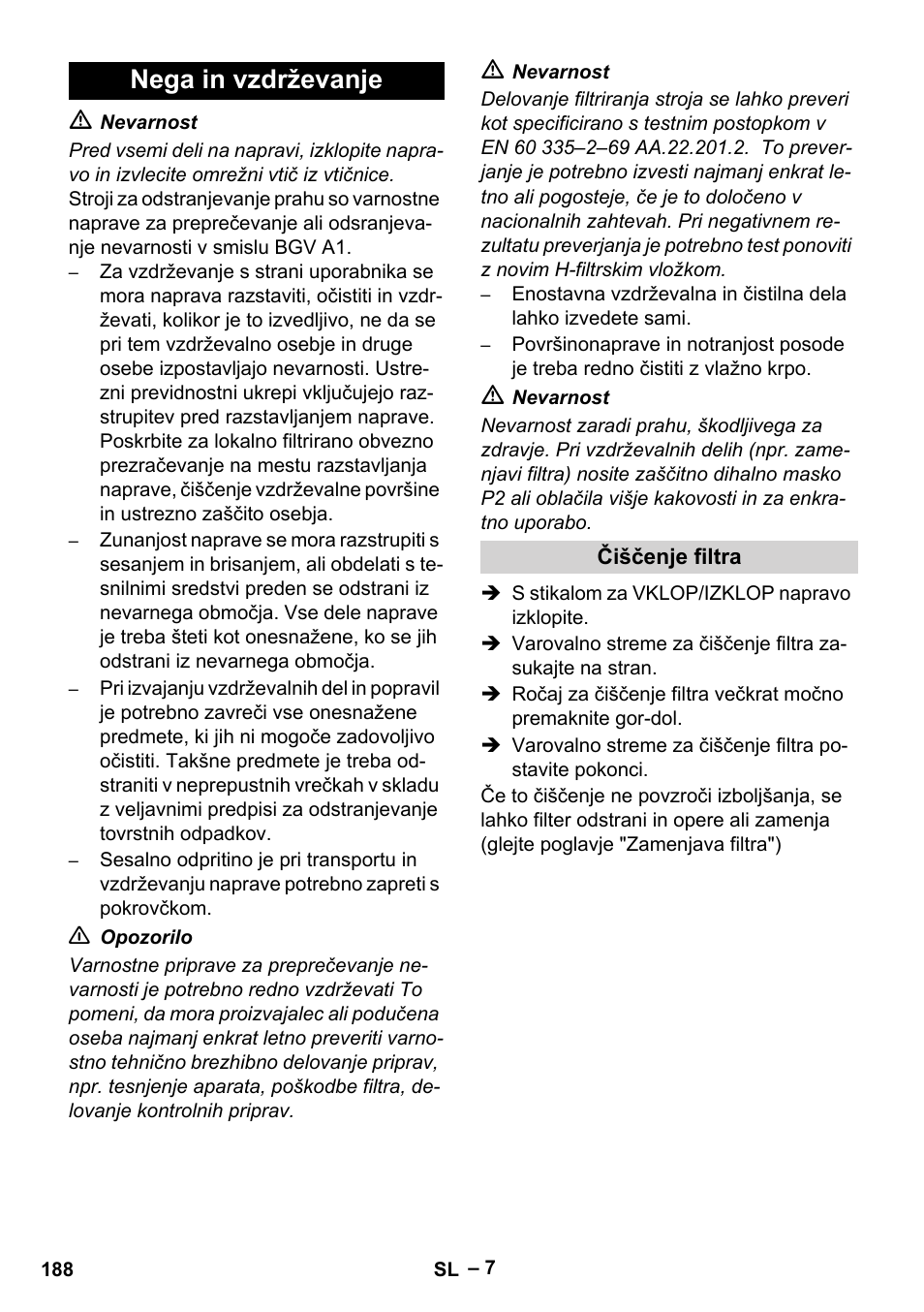 Nega in vzdrževanje, Čiščenje filtra | Karcher IV 100-55 H B1 User Manual | Page 188 / 308