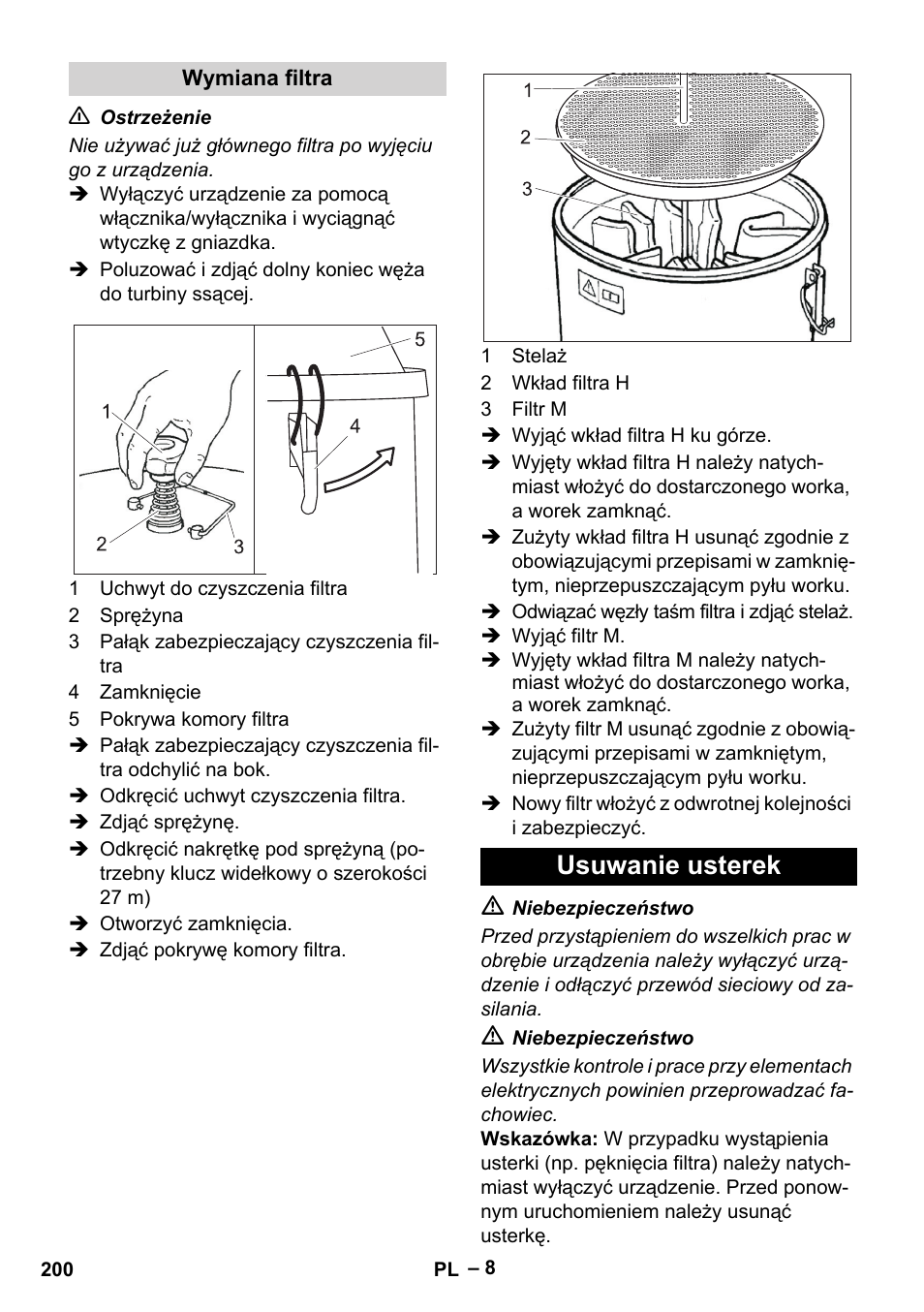 Wymiana filtra, Usuwanie usterek | Karcher IV 100-55 H B1 User Manual | Page 200 / 308