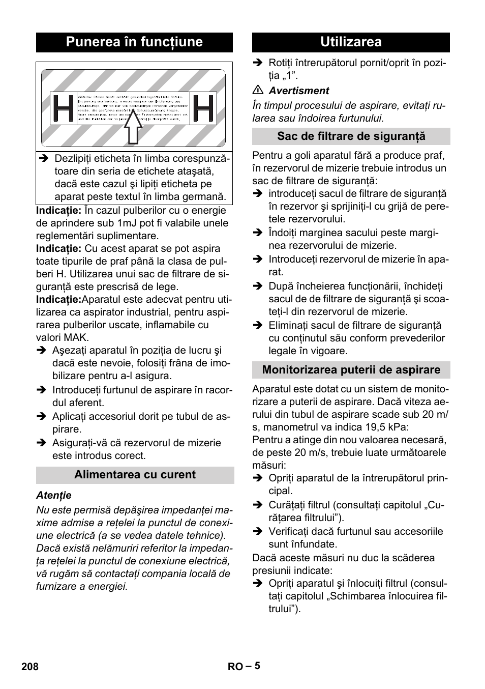 Punerea în funcţiune, Alimentarea cu curent, Utilizarea | Sac de filtrare de siguranţă, Monitorizarea puterii de aspirare | Karcher IV 100-55 H B1 User Manual | Page 208 / 308