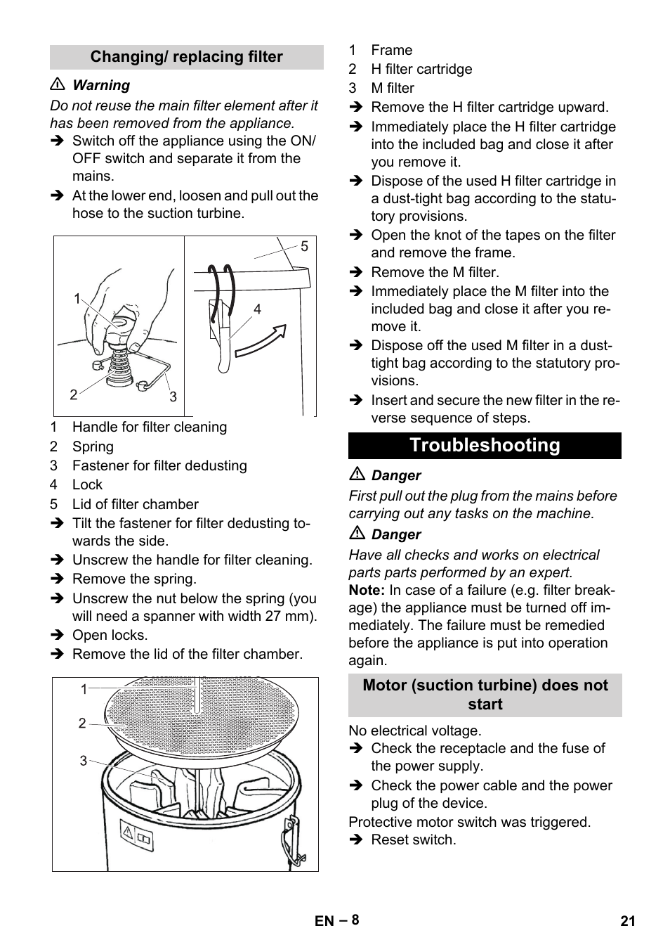 Changing/ replacing filter, Troubleshooting, Motor (suction turbine) does not start | Karcher IV 100-55 H B1 User Manual | Page 21 / 308