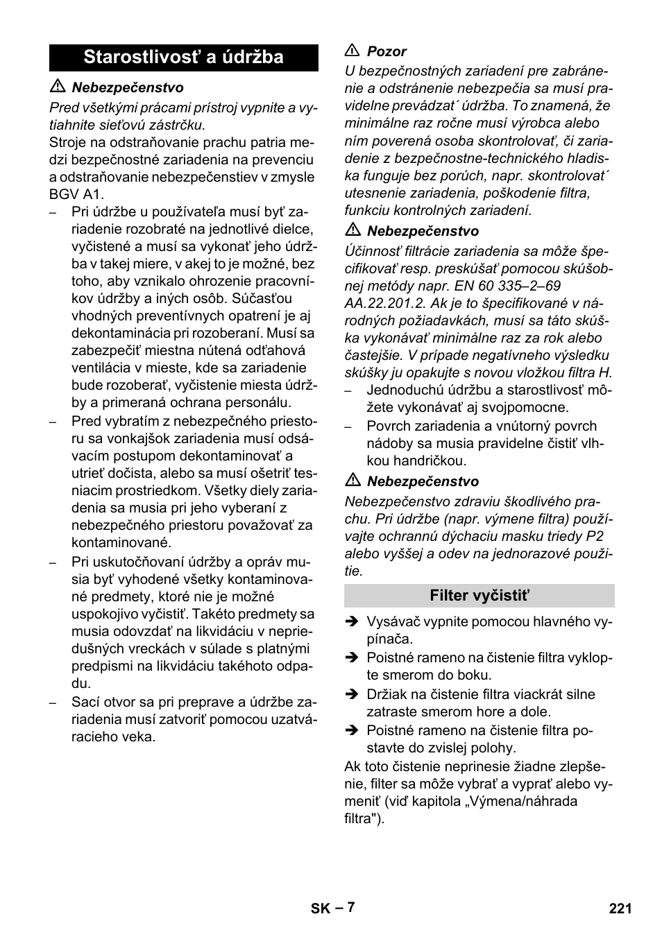 Starostlivosť a údržba, Filter vyčistiť | Karcher IV 100-55 H B1 User Manual | Page 221 / 308