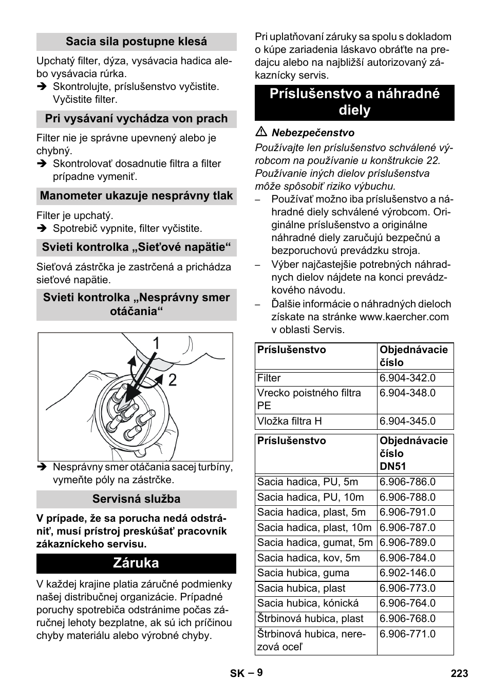 Sacia sila postupne klesá, Pri vysávaní vychádza von prach, Manometer ukazuje nesprávny tlak | Svieti kontrolka „sieťové napätie, Svieti kontrolka „nesprávny smer otáčania, Servisná služba, Záruka, Príslušenstvo a náhradné diely, Záruka príslušenstvo a náhradné diely | Karcher IV 100-55 H B1 User Manual | Page 223 / 308