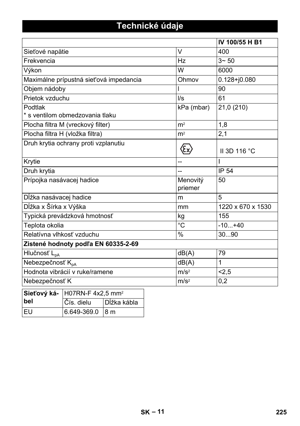 Technické údaje | Karcher IV 100-55 H B1 User Manual | Page 225 / 308