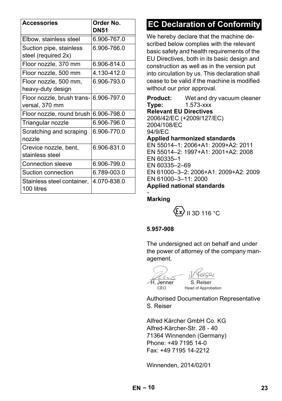 Ec declaration of conformity | Karcher IV 100-55 H B1 User Manual | Page 23 / 308