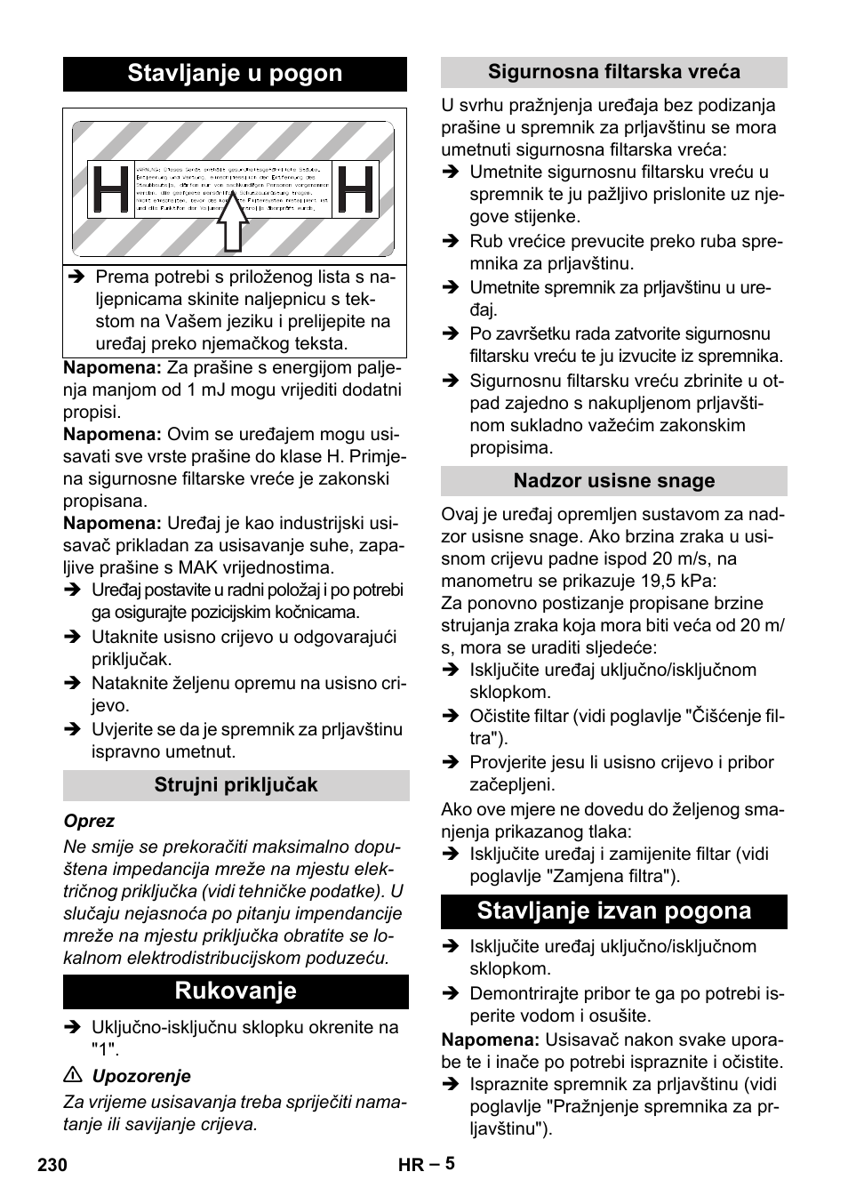 Stavljanje u pogon, Strujni priključak, Rukovanje | Sigurnosna filtarska vreća, Nadzor usisne snage, Stavljanje izvan pogona | Karcher IV 100-55 H B1 User Manual | Page 230 / 308
