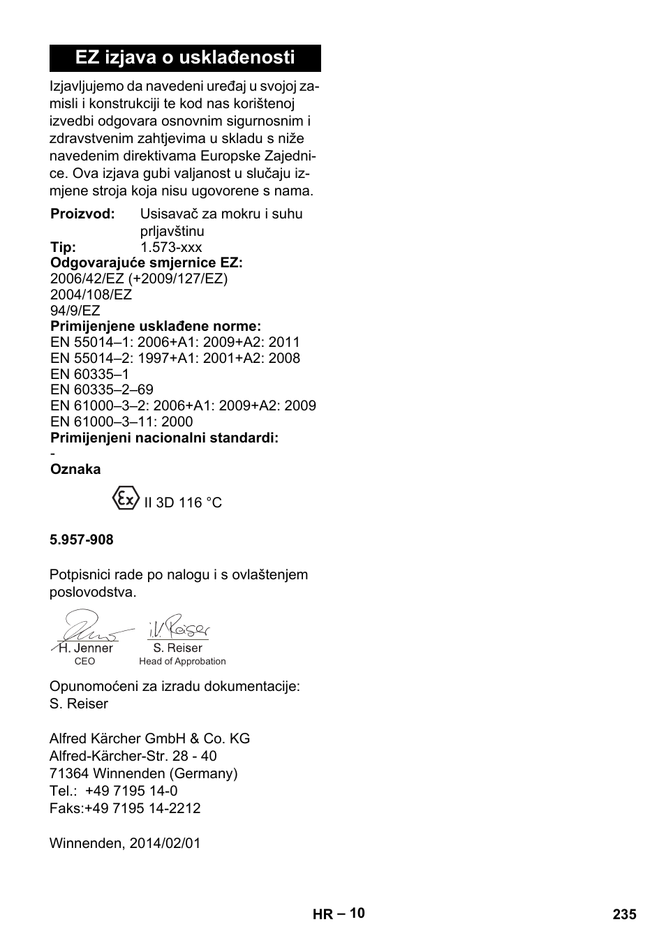 Ez izjava o usklađenosti | Karcher IV 100-55 H B1 User Manual | Page 235 / 308