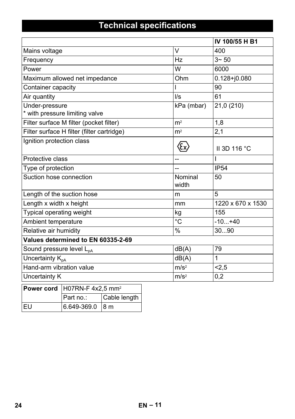 Technical specifications | Karcher IV 100-55 H B1 User Manual | Page 24 / 308