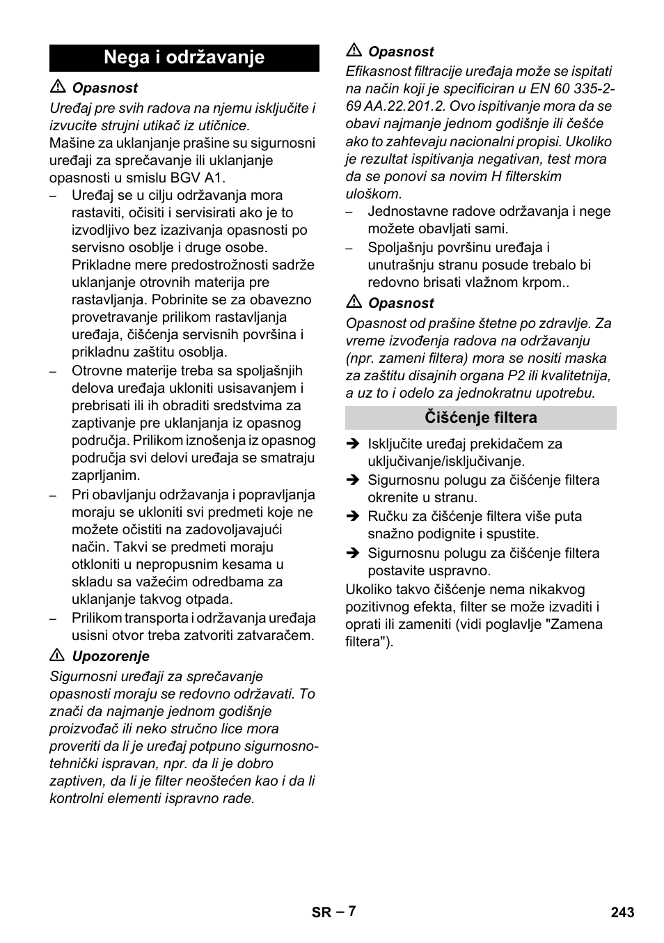 Nega i održavanje, Čišćenje filtera | Karcher IV 100-55 H B1 User Manual | Page 243 / 308