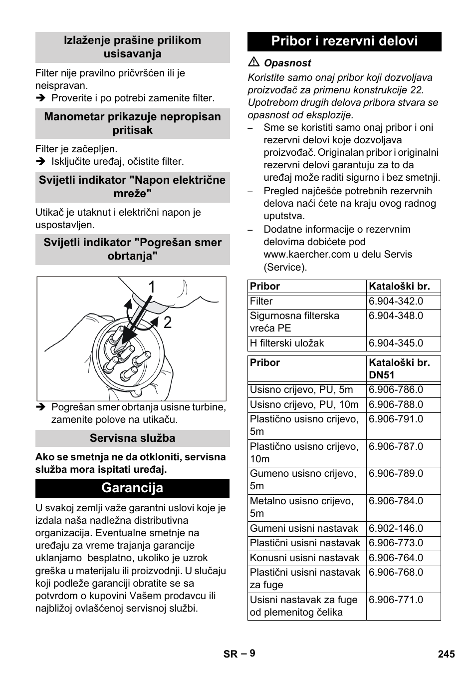 Izlaženje prašine prilikom usisavanja, Manometar prikazuje nepropisan pritisak, Svijetli indikator "napon električne mreže | Svijetli indikator "pogrešan smer obrtanja, Servisna služba, Garancija, Pribor i rezervni delovi, Garancija pribor i rezervni delovi | Karcher IV 100-55 H B1 User Manual | Page 245 / 308