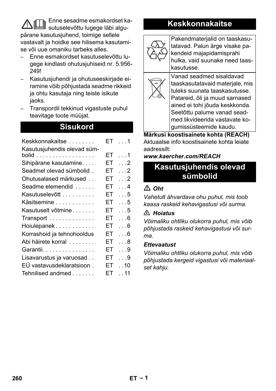 Eesti, Sisukord, Keskkonnakaitse | Kasutusjuhendis olevad sümbolid | Karcher IV 100-55 H B1 User Manual | Page 260 / 308