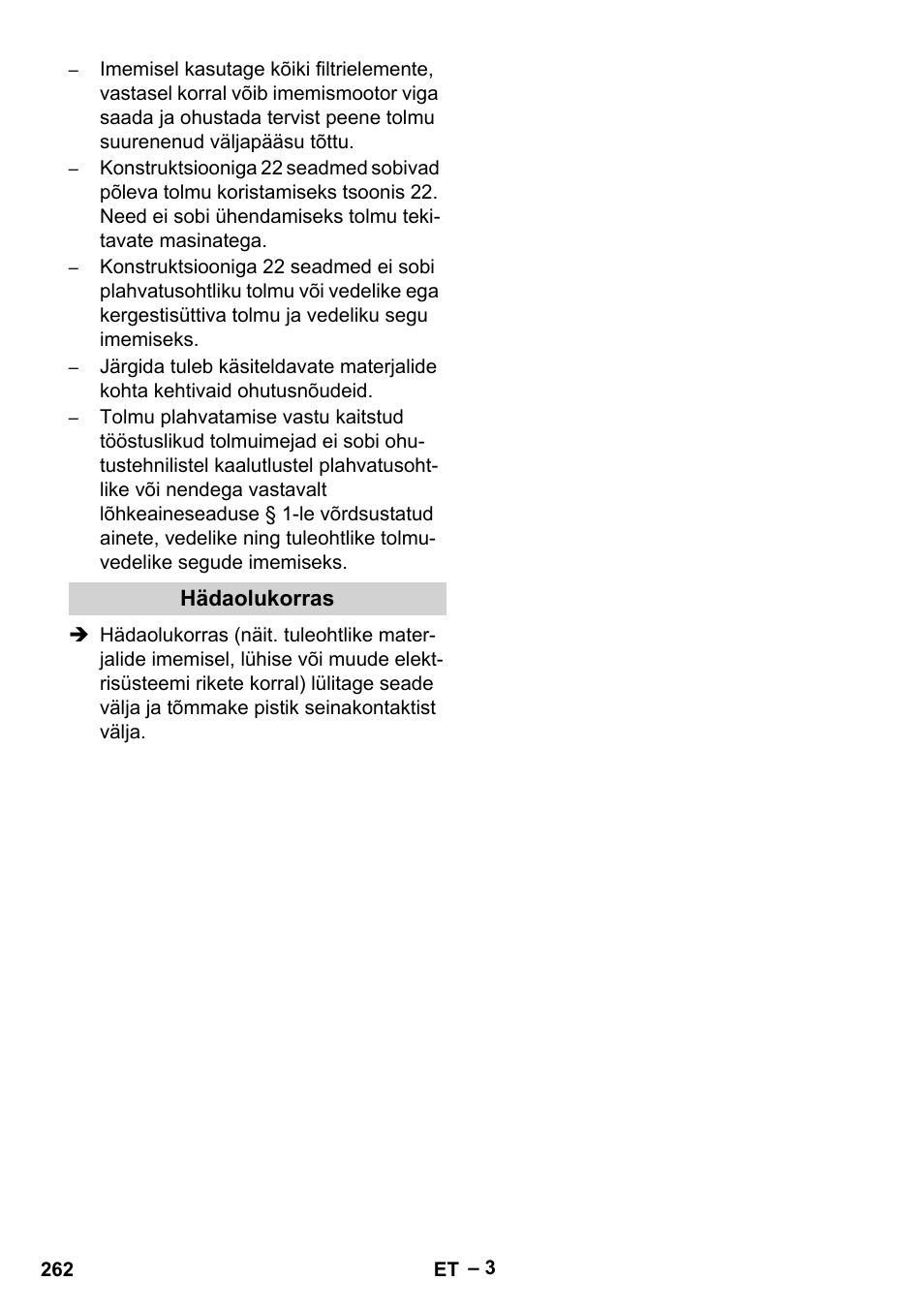 Hädaolukorras | Karcher IV 100-55 H B1 User Manual | Page 262 / 308