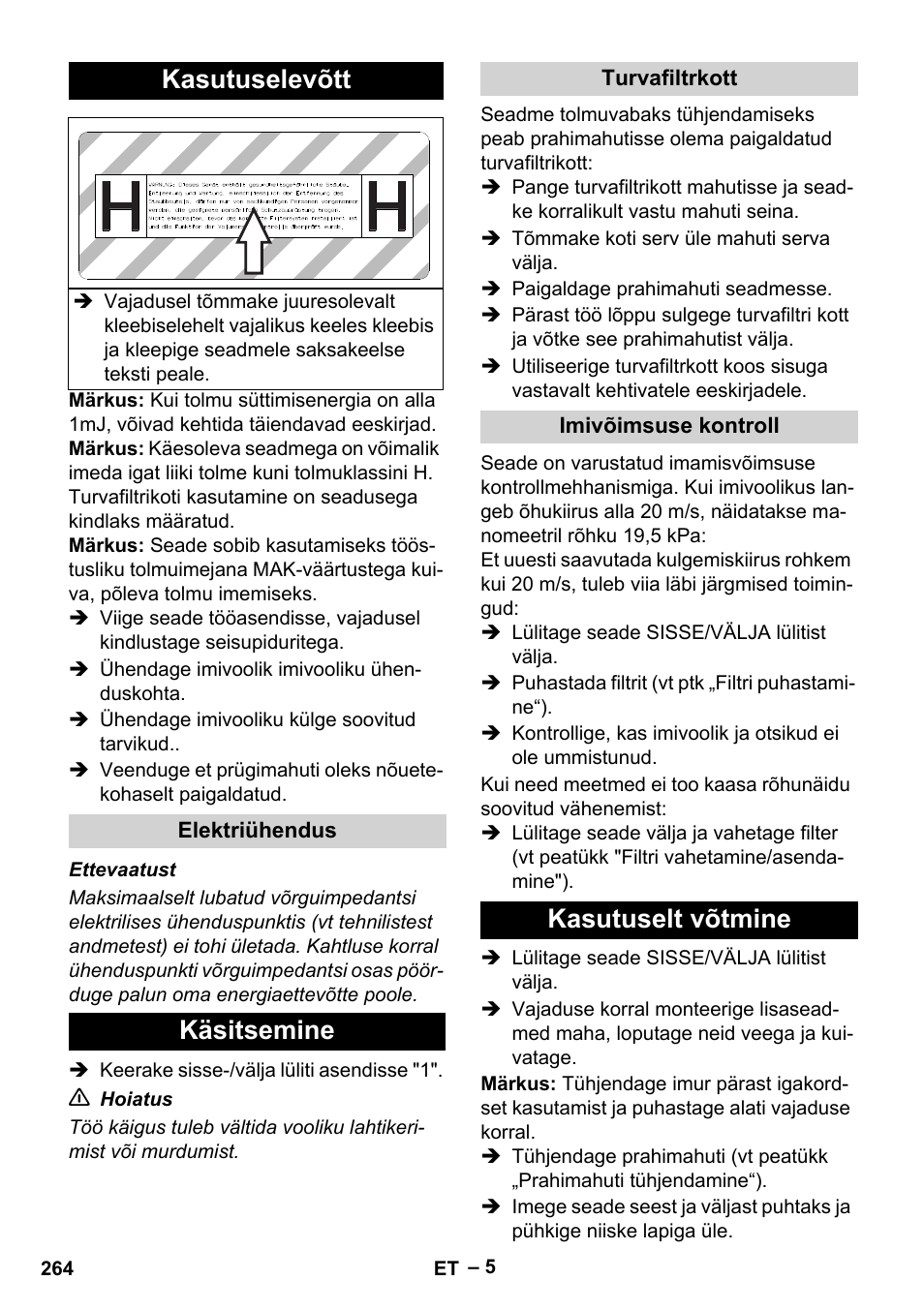 Kasutuselevõtt, Elektriühendus, Käsitsemine | Turvafiltrkott, Imivõimsuse kontroll, Kasutuselt võtmine | Karcher IV 100-55 H B1 User Manual | Page 264 / 308