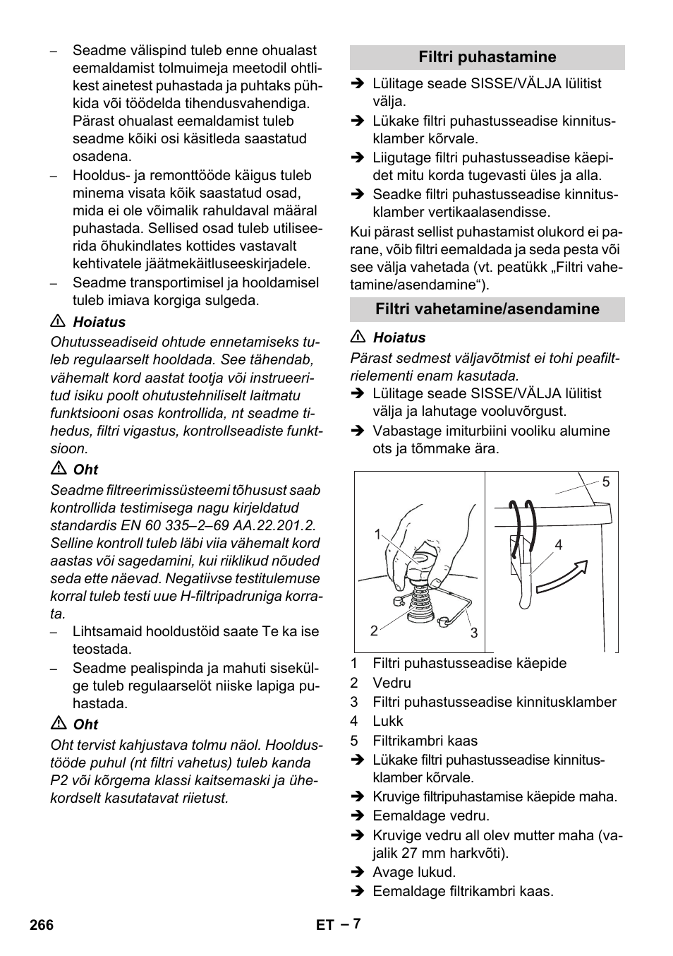 Filtri puhastamine, Filtri vahetamine/asendamine | Karcher IV 100-55 H B1 User Manual | Page 266 / 308