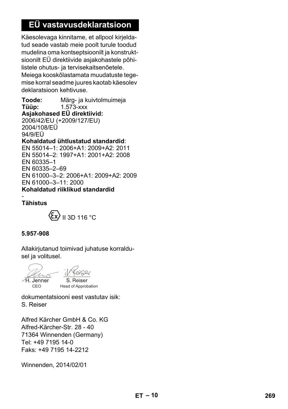 Eü vastavusdeklaratsioon | Karcher IV 100-55 H B1 User Manual | Page 269 / 308