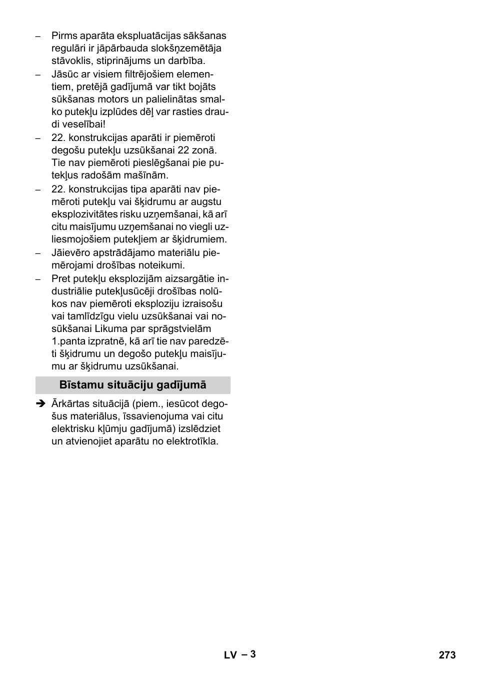 Bīstamu situāciju gadījumā | Karcher IV 100-55 H B1 User Manual | Page 273 / 308