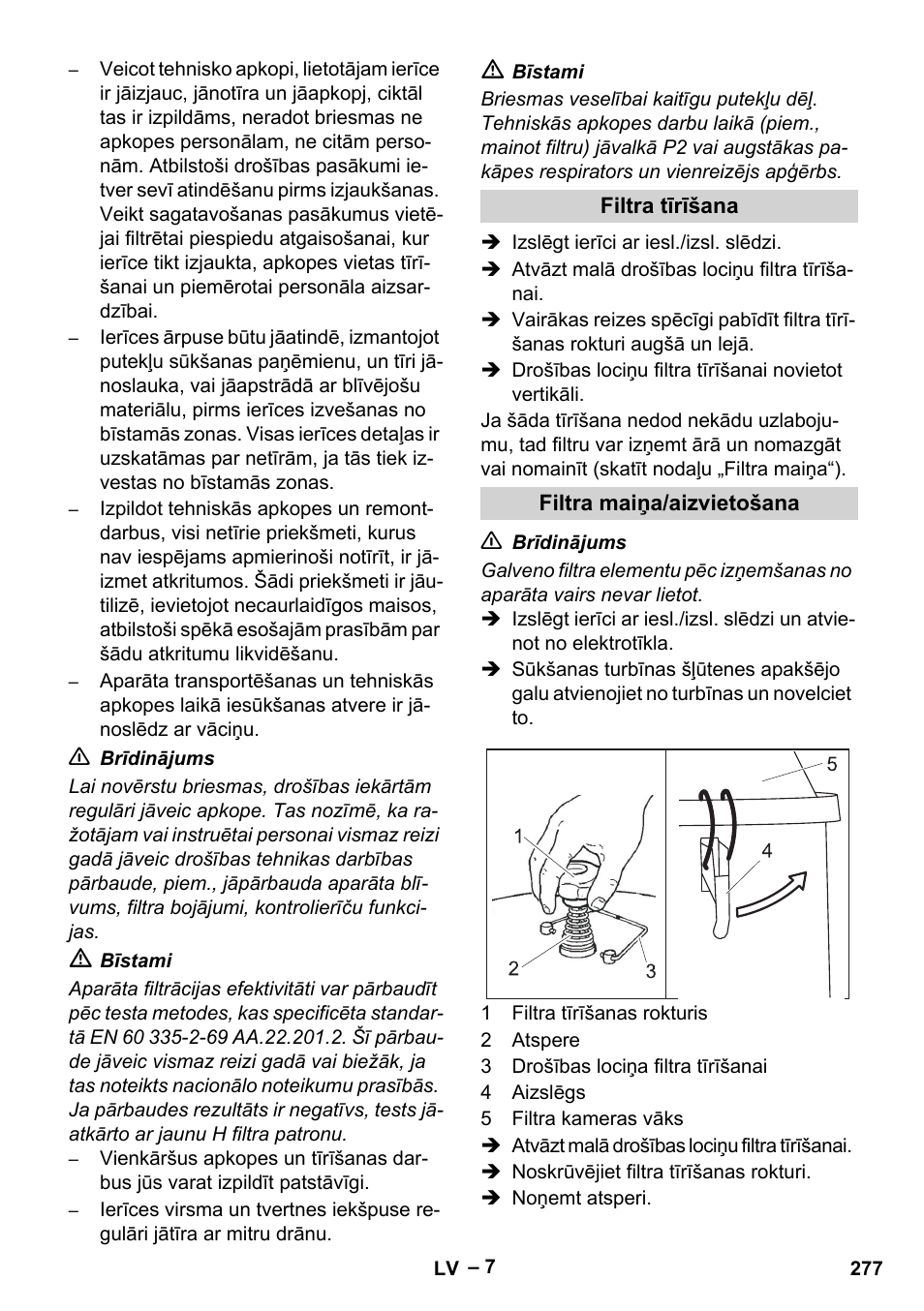 Filtra tīrīšana, Filtra maiņa/aizvietošana | Karcher IV 100-55 H B1 User Manual | Page 277 / 308