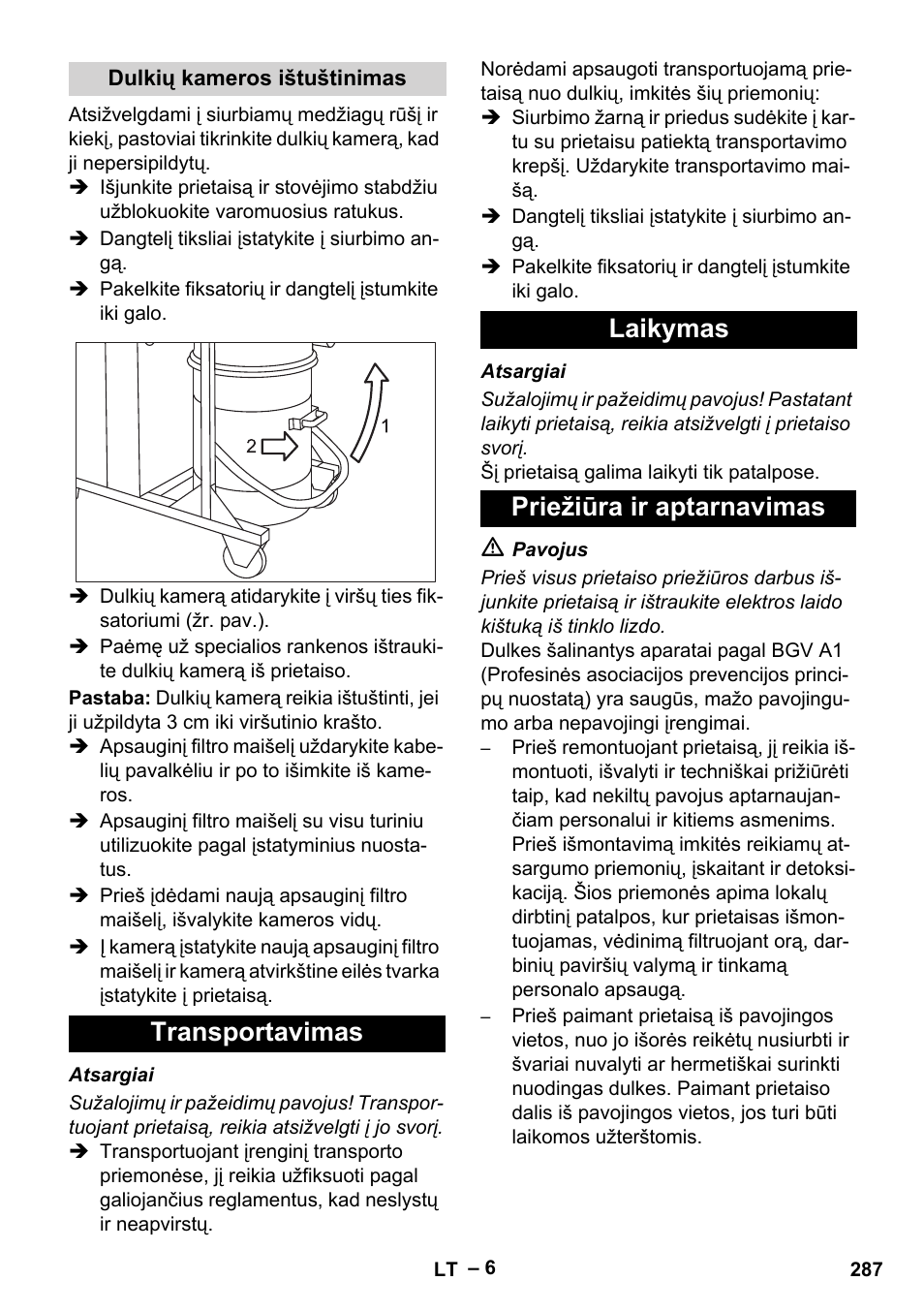 Dulkių kameros ištuštinimas, Transportavimas, Laikymas | Priežiūra ir aptarnavimas, Transportavimas laikymas priežiūra ir aptarnavimas | Karcher IV 100-55 H B1 User Manual | Page 287 / 308