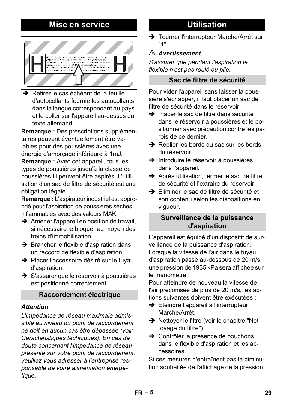 Mise en service, Raccordement électrique, Utilisation | Sac de filtre de sécurité, Surveillance de la puissance d'aspiration | Karcher IV 100-55 H B1 User Manual | Page 29 / 308