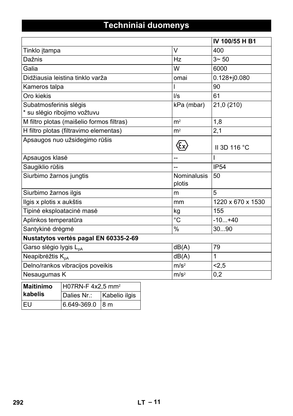 Techniniai duomenys | Karcher IV 100-55 H B1 User Manual | Page 292 / 308