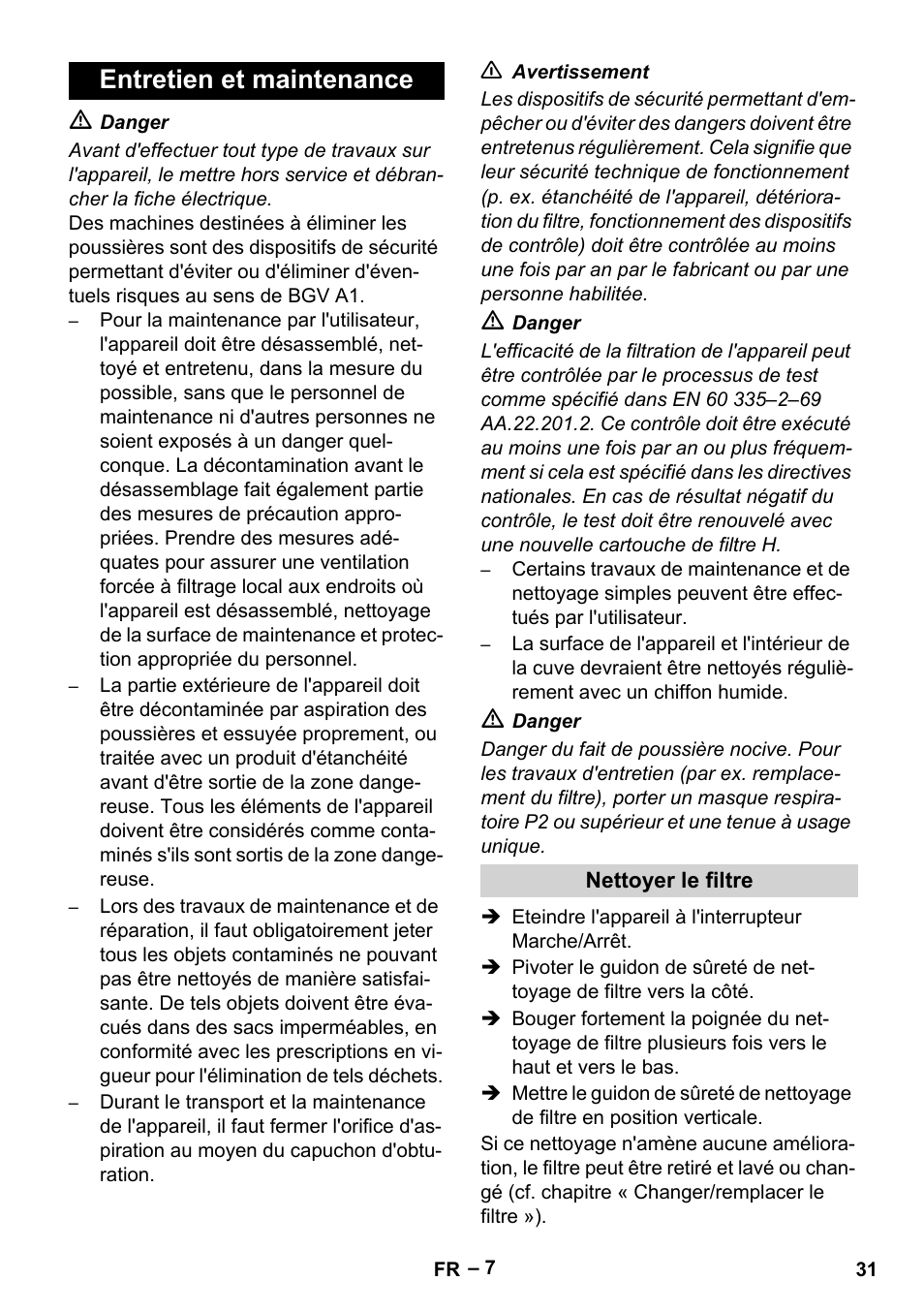 Entretien et maintenance, Nettoyer le filtre | Karcher IV 100-55 H B1 User Manual | Page 31 / 308