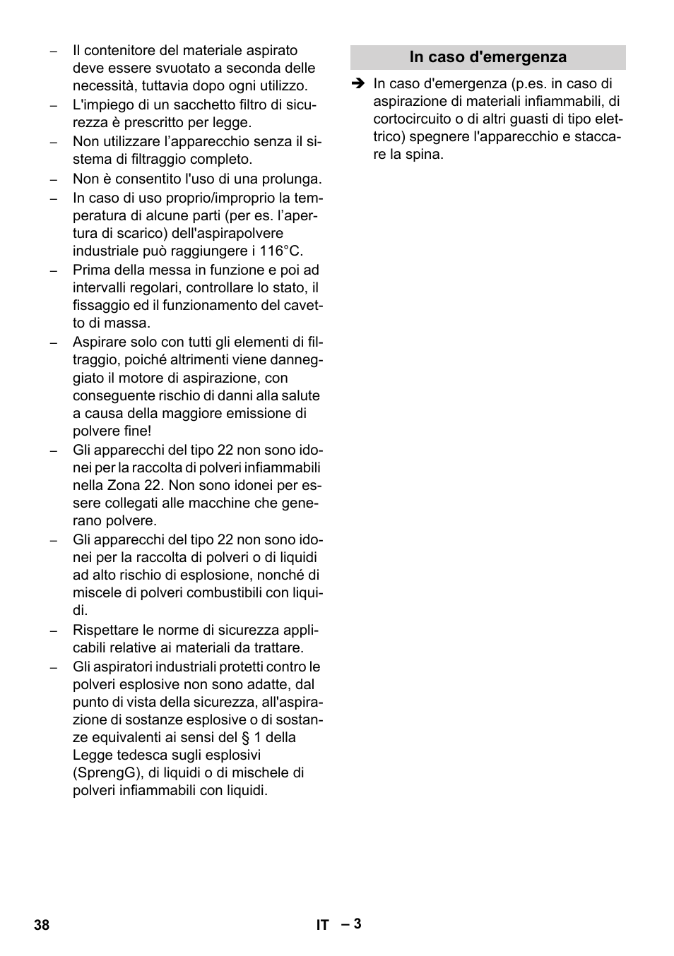 In caso d'emergenza | Karcher IV 100-55 H B1 User Manual | Page 38 / 308