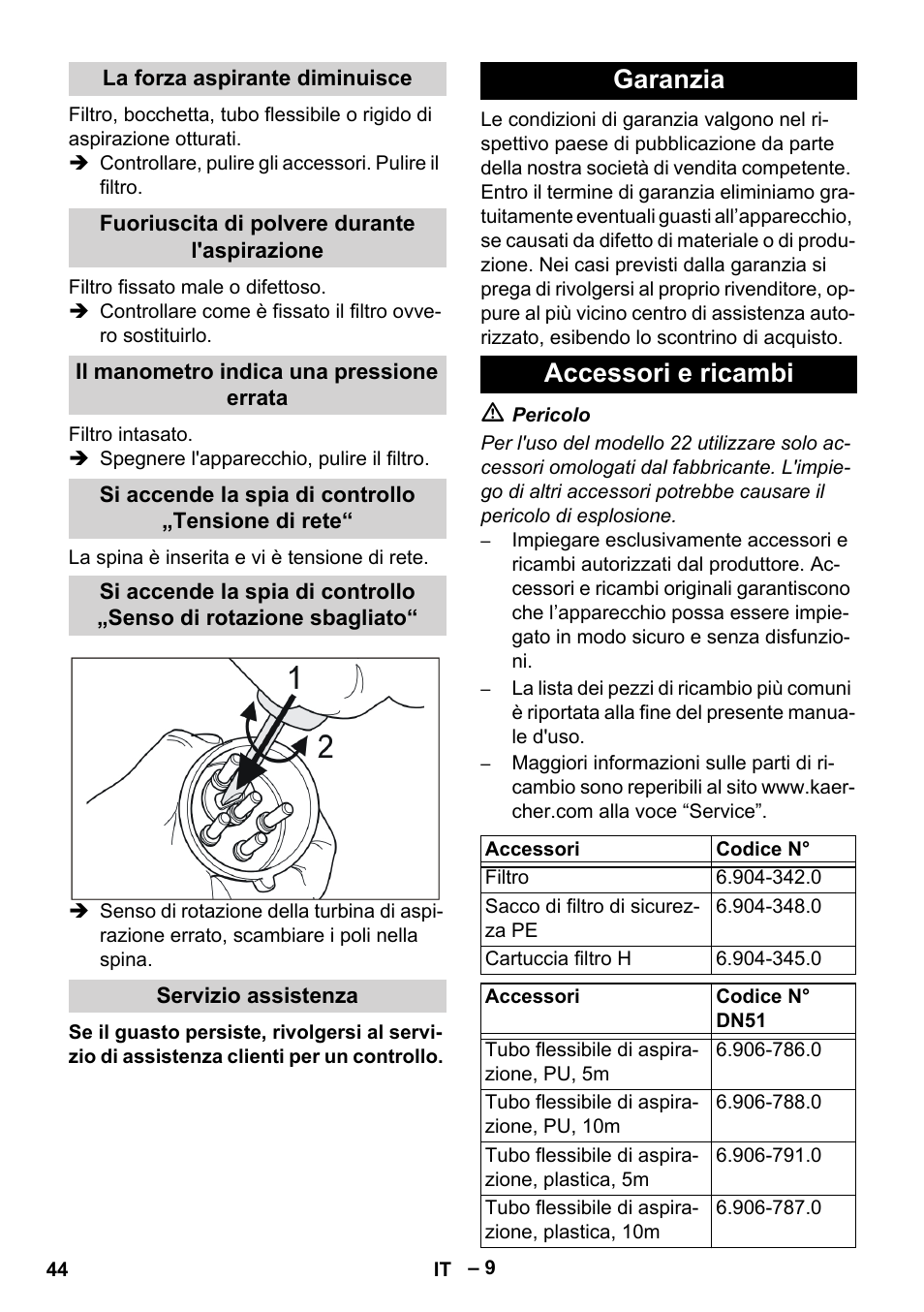 La forza aspirante diminuisce, Fuoriuscita di polvere durante l'aspirazione, Il manometro indica una pressione errata | Si accende la spia di controllo „tensione di rete, Servizio assistenza, Garanzia, Accessori e ricambi, Garanzia accessori e ricambi | Karcher IV 100-55 H B1 User Manual | Page 44 / 308