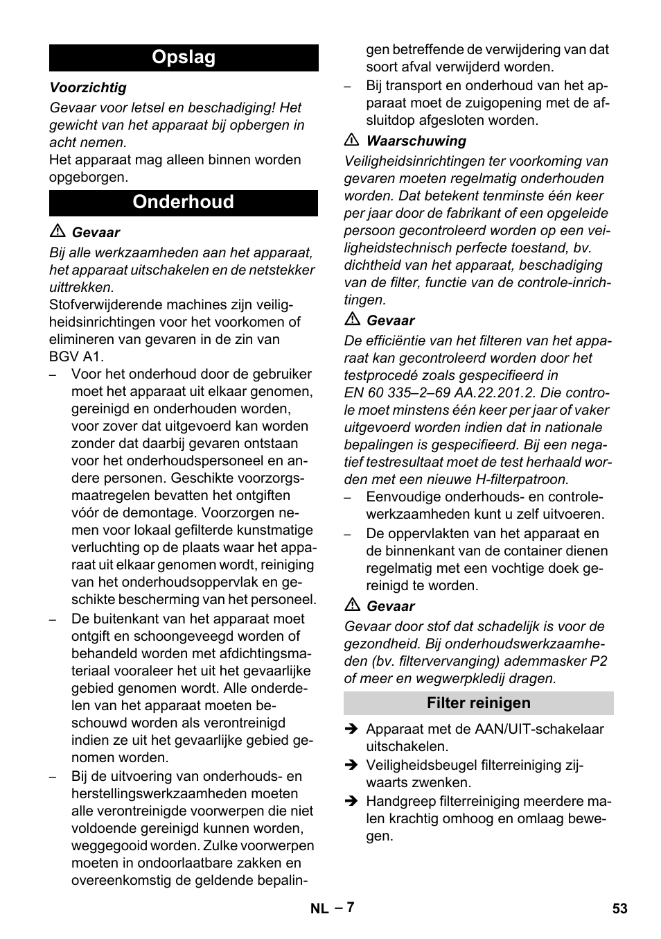 Opslag, Onderhoud, Filter reinigen | Opslag onderhoud | Karcher IV 100-55 H B1 User Manual | Page 53 / 308