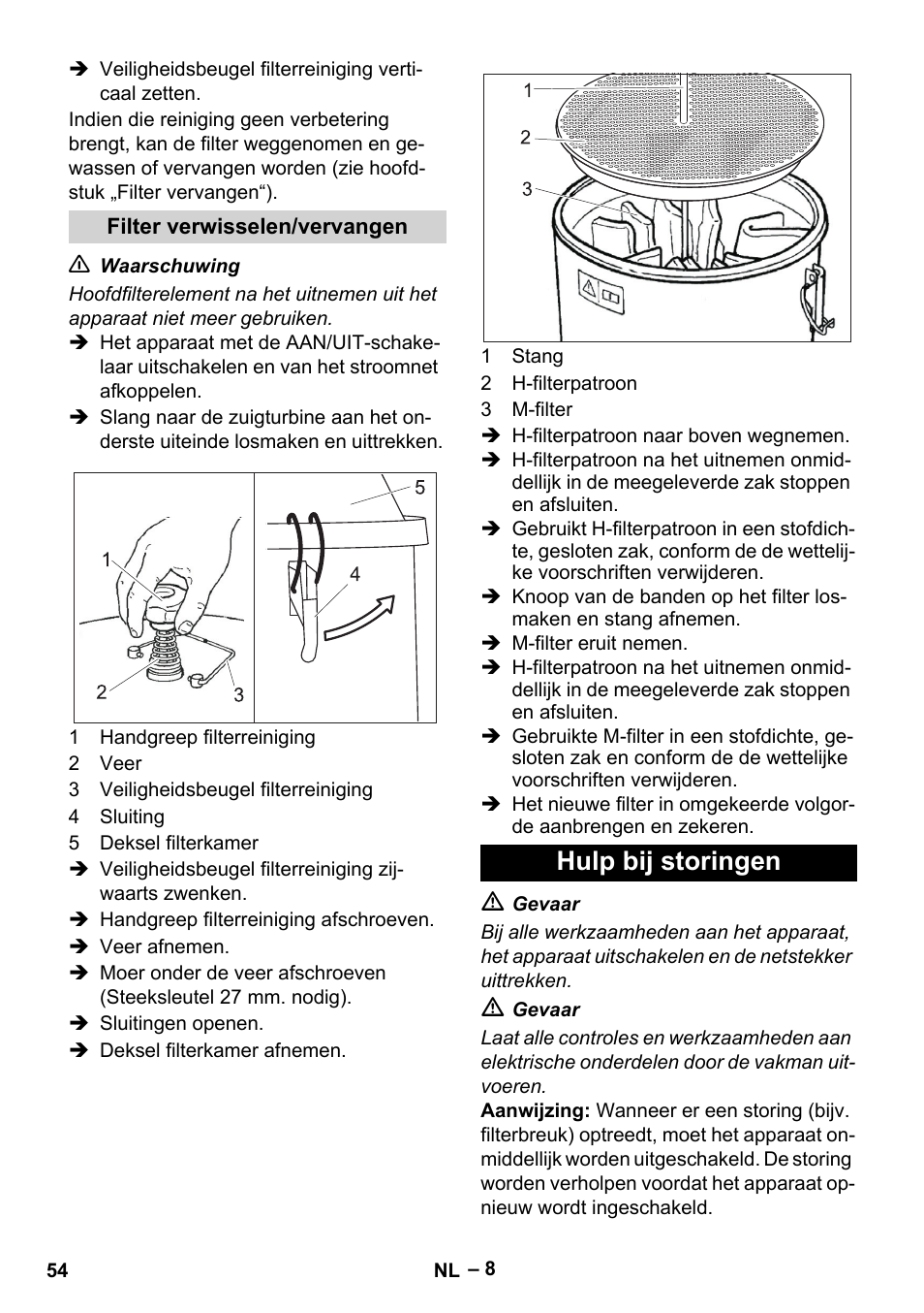 Filter verwisselen/vervangen, Hulp bij storingen | Karcher IV 100-55 H B1 User Manual | Page 54 / 308