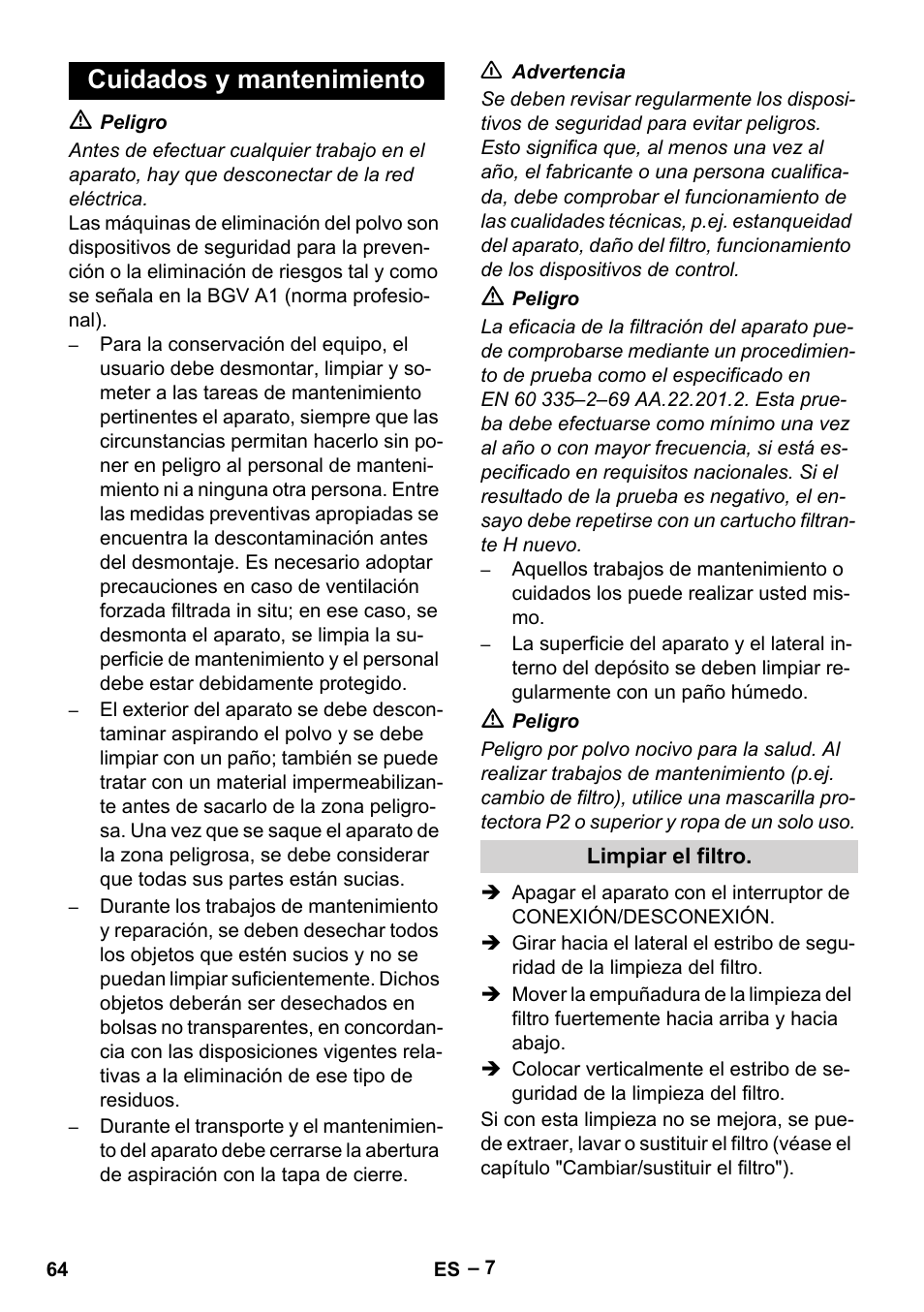 Cuidados y mantenimiento, Limpiar el filtro | Karcher IV 100-55 H B1 User Manual | Page 64 / 308