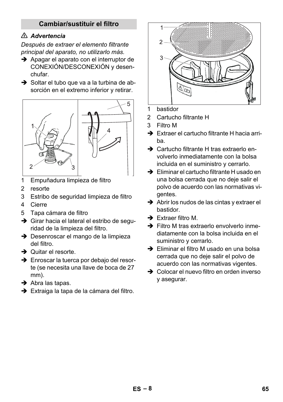 Cambiar/sustituir el filtro | Karcher IV 100-55 H B1 User Manual | Page 65 / 308