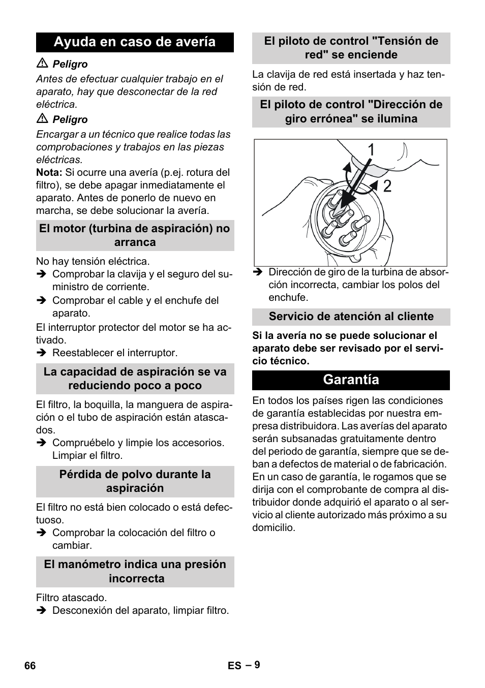 Ayuda en caso de avería, El motor (turbina de aspiración) no arranca, Pérdida de polvo durante la aspiración | El manómetro indica una presión incorrecta, El piloto de control "tensión de red" se enciende, Servicio de atención al cliente, Garantía | Karcher IV 100-55 H B1 User Manual | Page 66 / 308