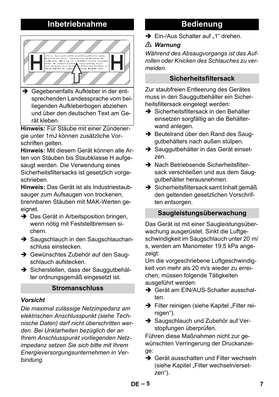 Inbetriebnahme, Stromanschluss, Bedienung | Sicherheitsfiltersack, Saugleistungsüberwachung | Karcher IV 100-55 H B1 User Manual | Page 7 / 308