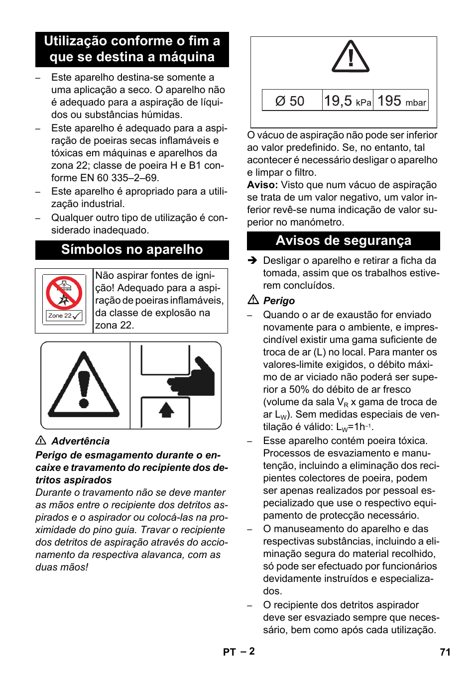 Símbolos no aparelho, Avisos de segurança | Karcher IV 100-55 H B1 User Manual | Page 71 / 308
