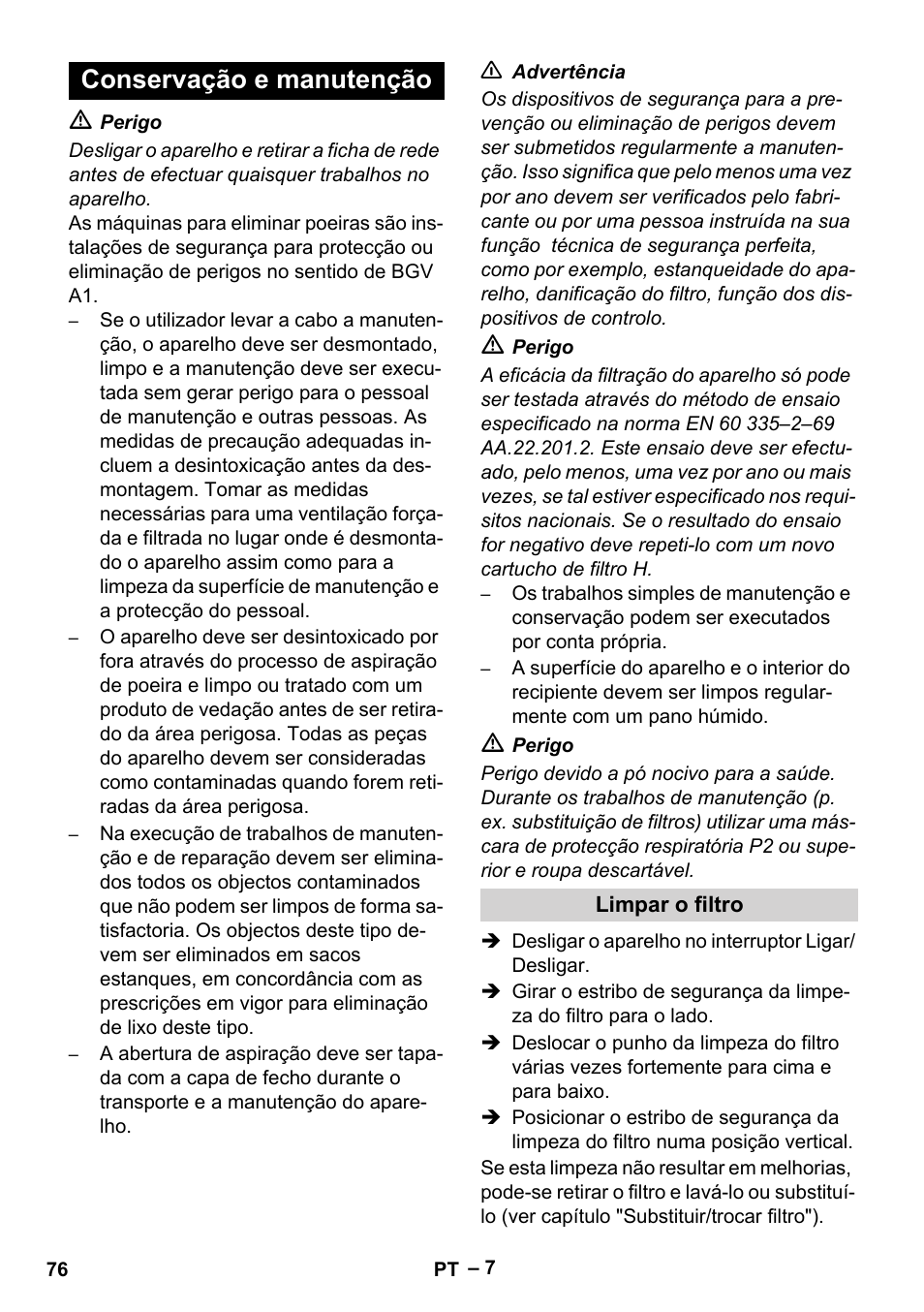Conservação e manutenção, Limpar o filtro | Karcher IV 100-55 H B1 User Manual | Page 76 / 308